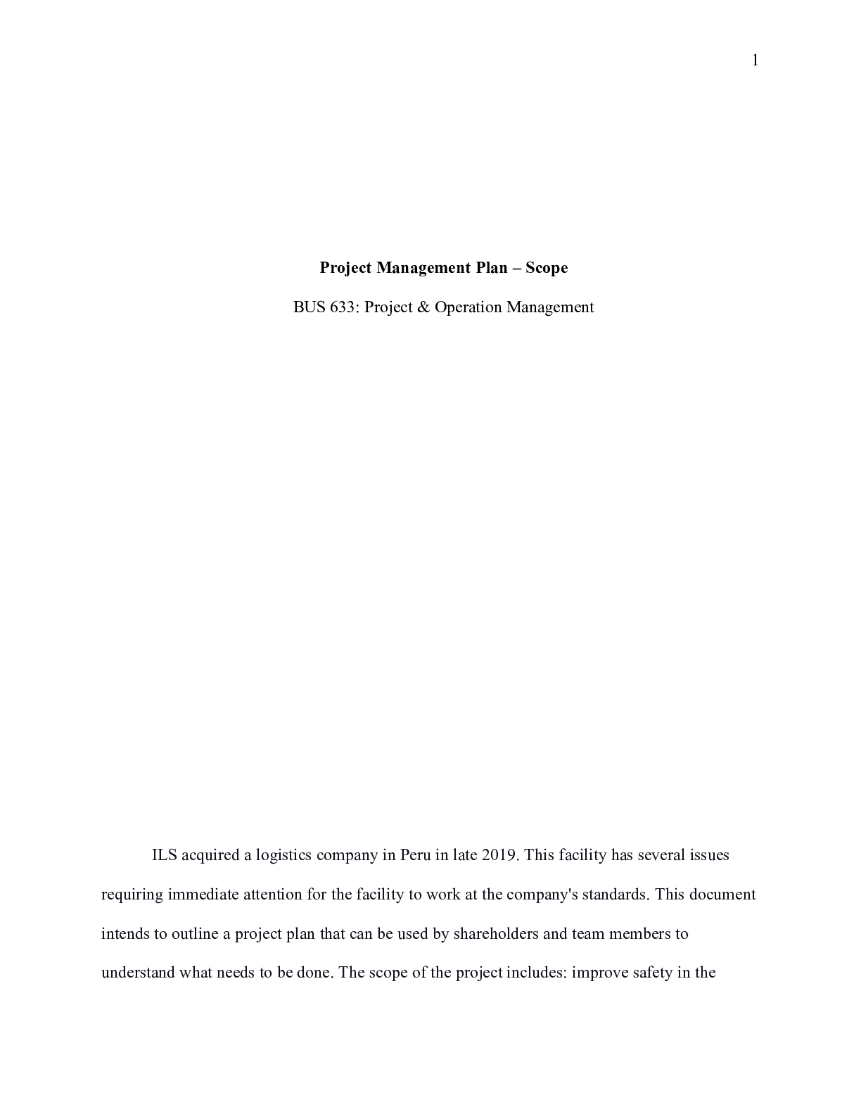 Preview image of Bus 633 Week 2 Assignment 1  Project Management Plan.docx document